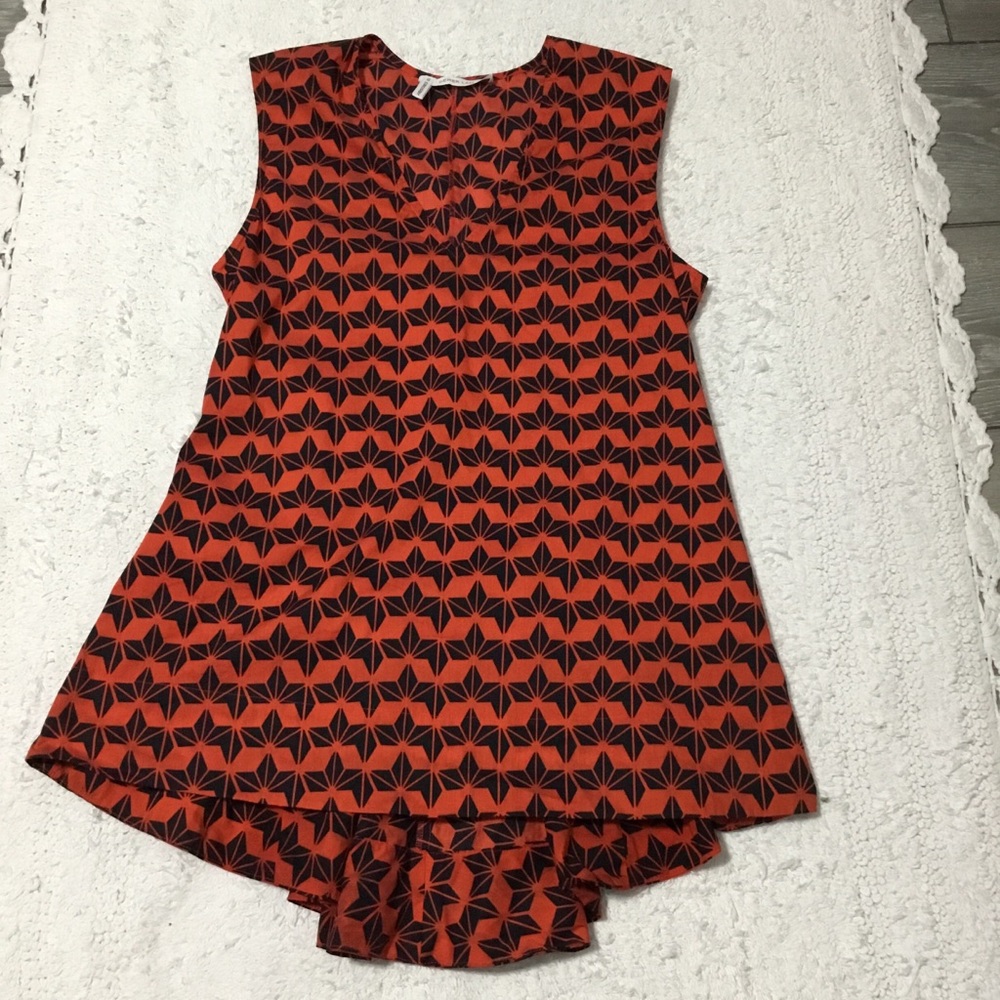 Derek Lam V Neck High Low Sleeveless Pleated Geometric Shapes Orange Top 10